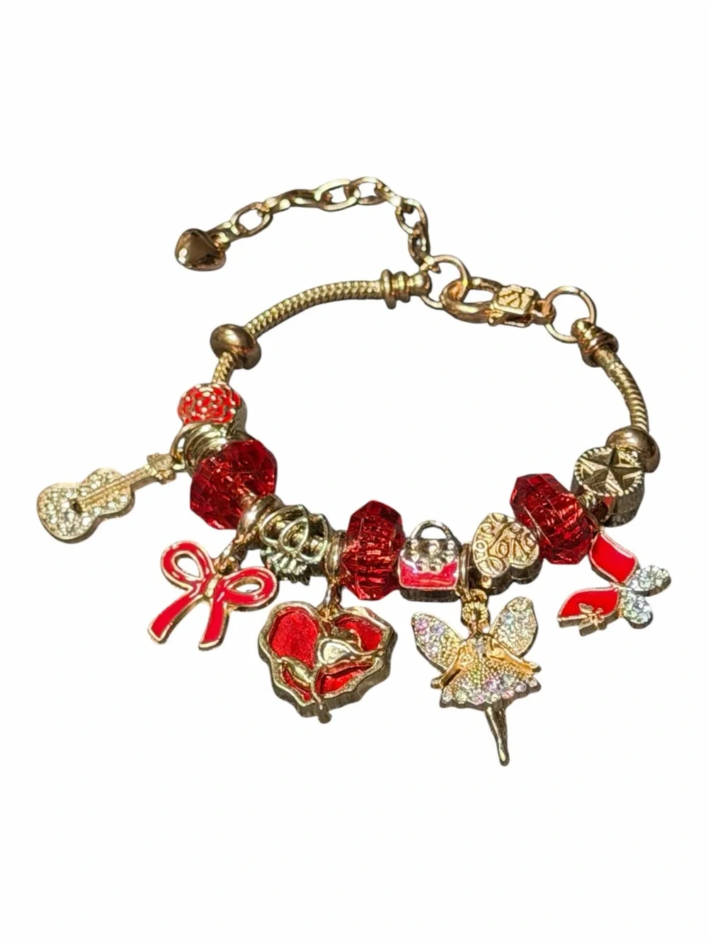 Gold Tone Charm Bracelet with Red Enamel Accents